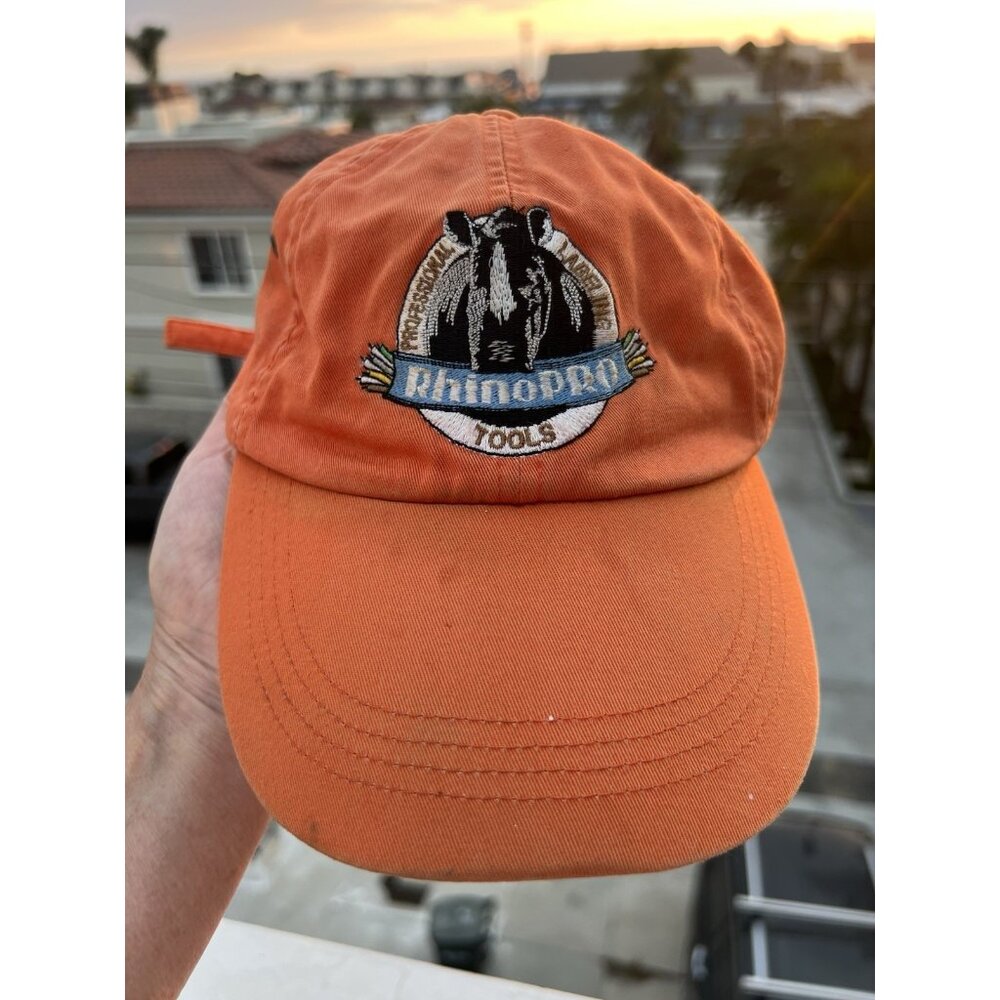 Vintage 80s Anvil RhinoPro tools orange embroidered adjustable cap thrashed